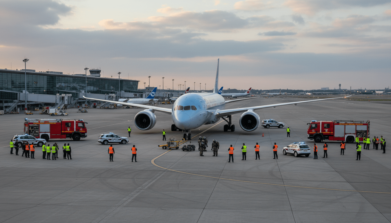 alerte à la bombe à l'aéroport de roissy : un avion immobilisé au sol pour des vérifications sécuritaires, assurant la sécurité des passagers et du personnel.